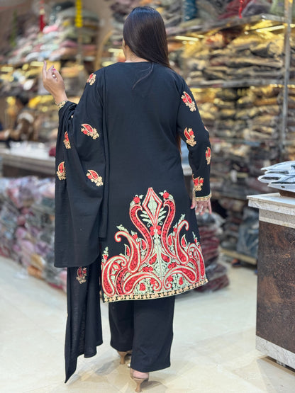 BLACK FRONT AND BACK DESIGN SHIRT WOOL SHAWL SUIT