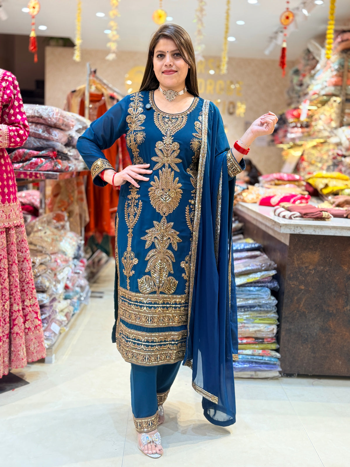 HANDWORK FOX GEORGET TEEL BLUE INSTA VIRAL SUIT FOR WEDDING