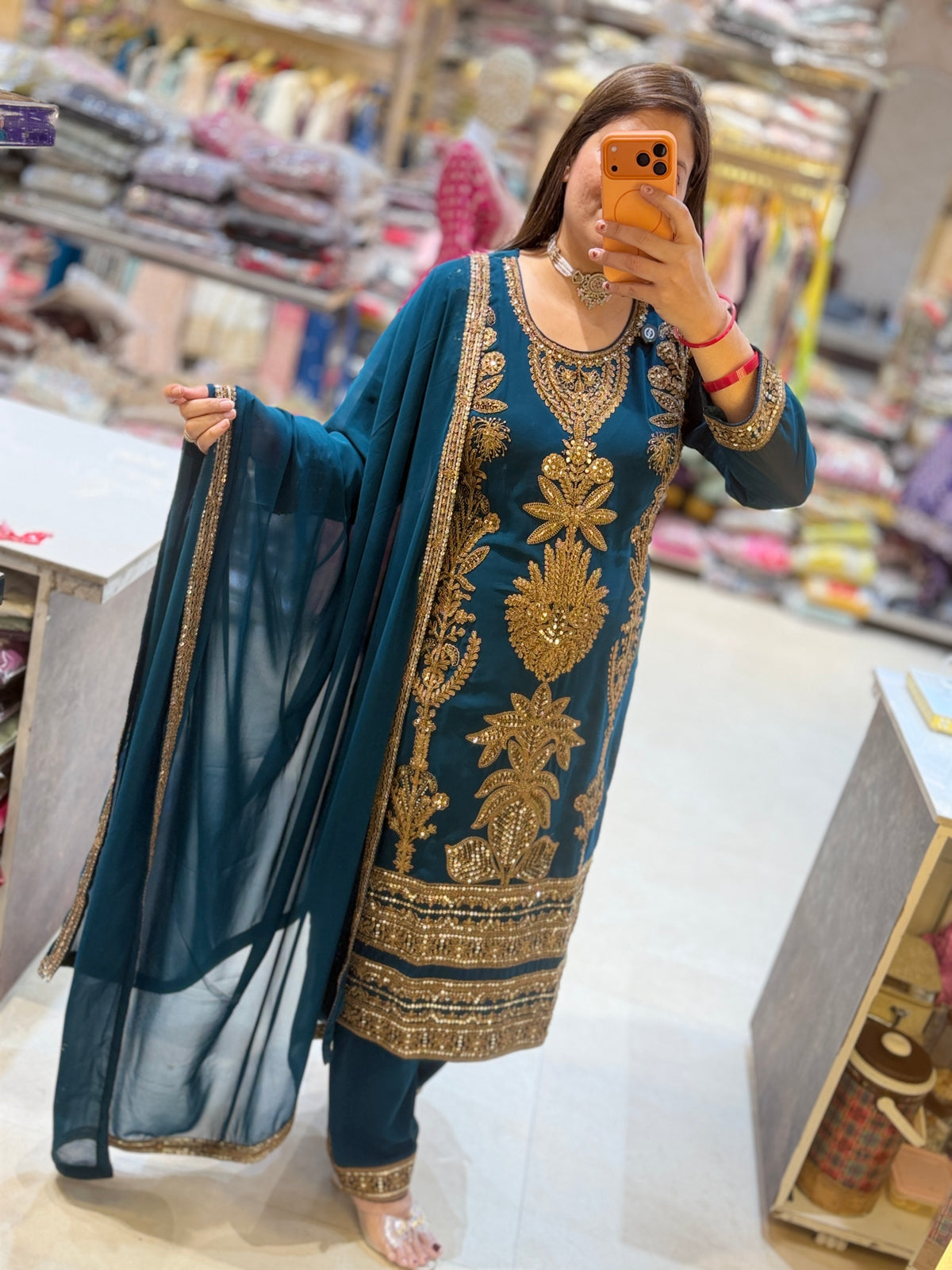 HANDWORK FOX GEORGET TEEL BLUE INSTA VIRAL SUIT FOR WEDDING
