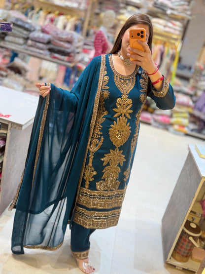 HANDWORK FOX GEORGET TEEL BLUE INSTA VIRAL SUIT FOR WEDDING