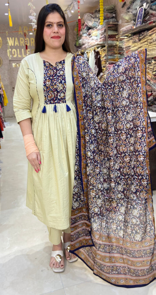 PURE DABU COTTON BLUE DUPPTA ANARKALI