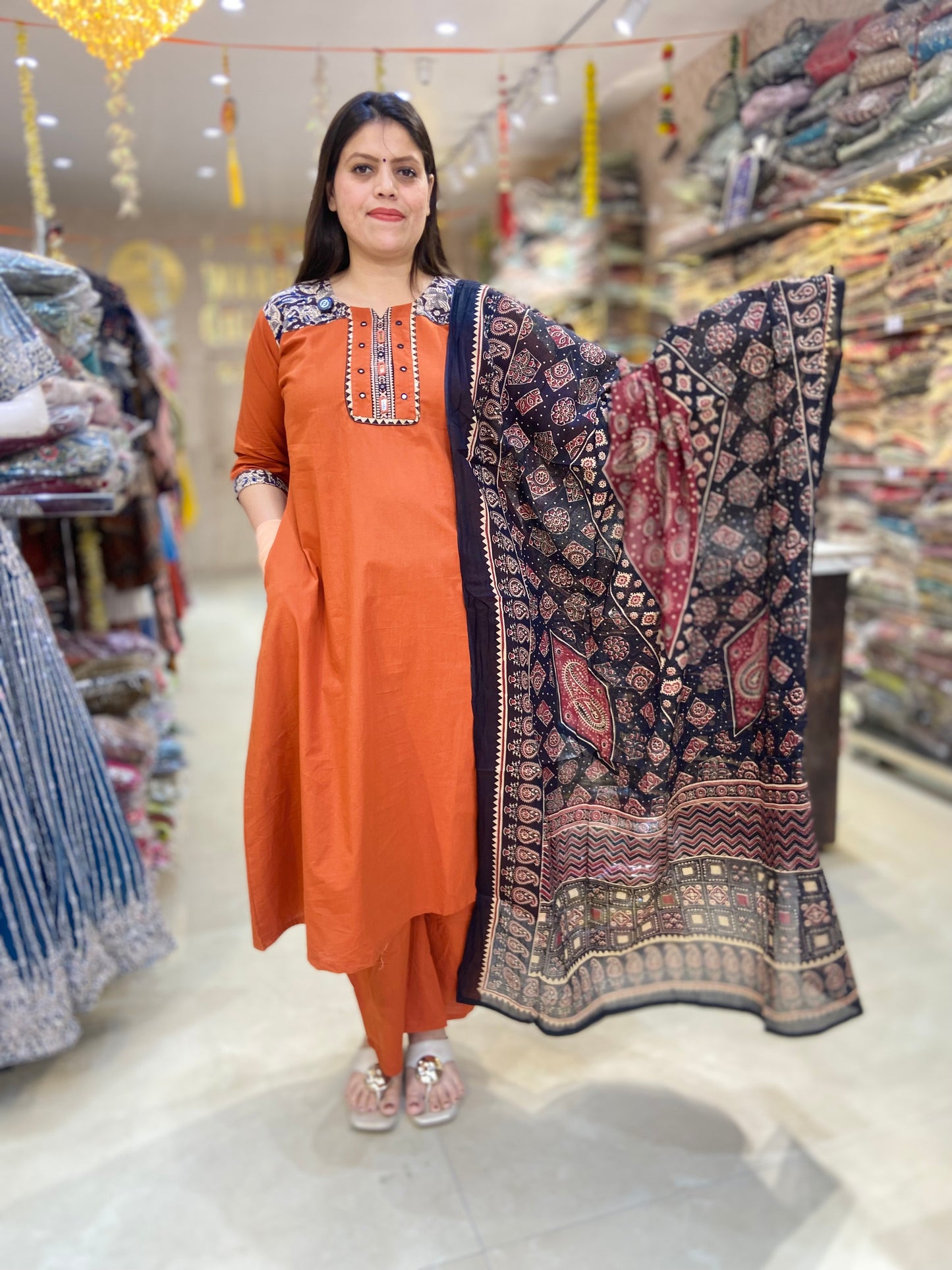 PURE DABU COTTON NECK DESIGNER A-LINE SUIT