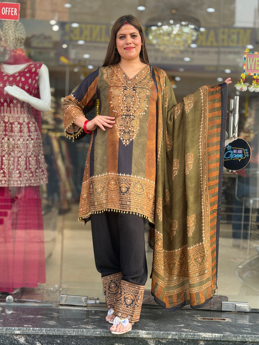MEHNDI GREEN WITH BLACK VIRAL DESIGN FARSHI SALWAR SUIT