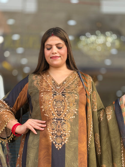 MEHNDI GREEN WITH BLACK VIRAL DESIGN FARSHI SALWAR SUIT