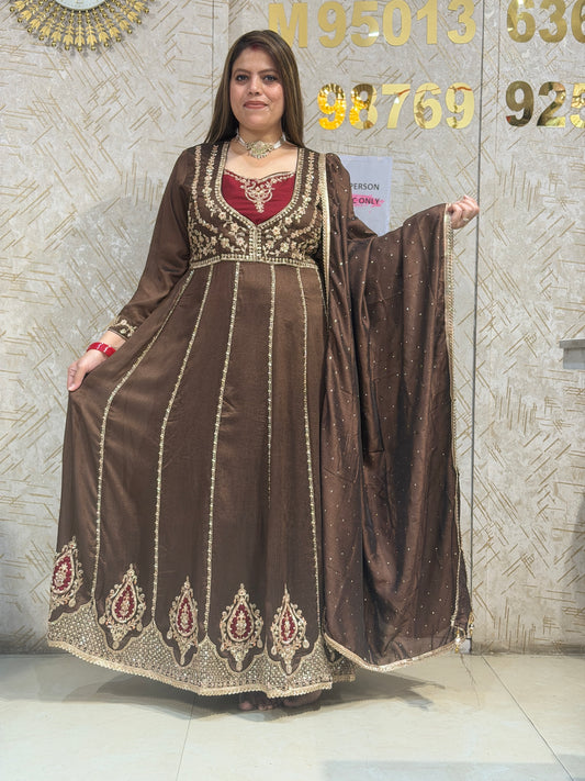 BROWN NECK DESIGN LONG LENGTH 2PC ANARKALI