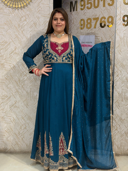 PEACOCK BLUE NECK DESIGN LONG LENGTH 2PC ANARKALI