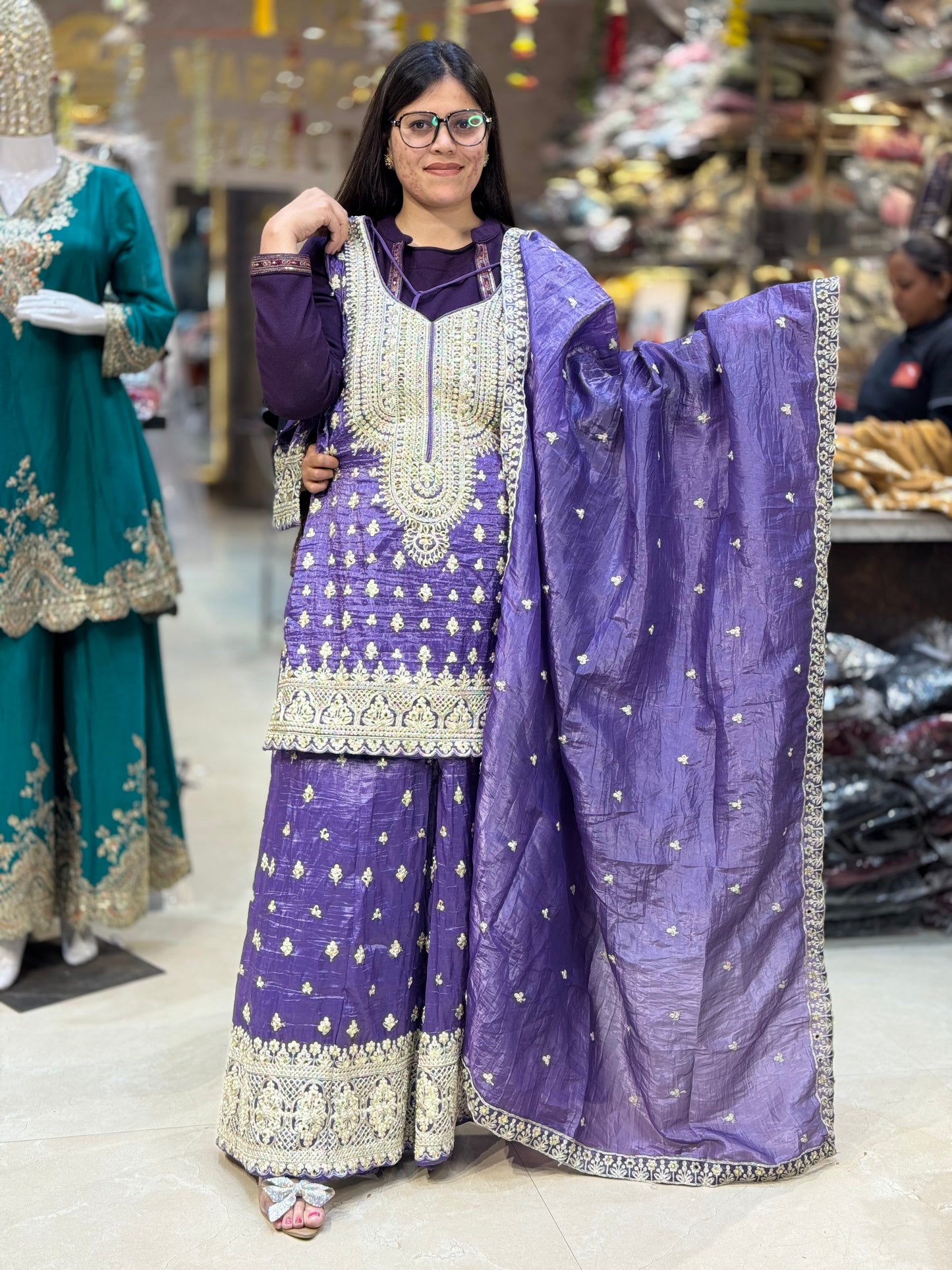 BEAUTIFUL GLASS TISSUE SHIRT WITH FULL FLAIR LEHNGA