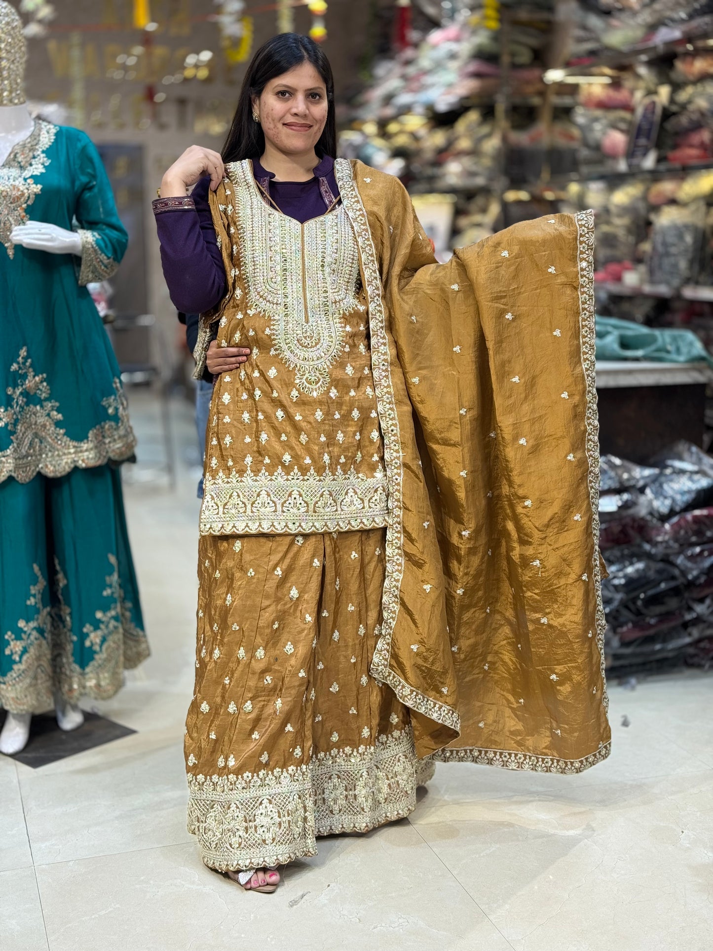 BEAUTIFUL GLASS TISSUE SHIRT WITH FULL FLAIR LEHNGA
