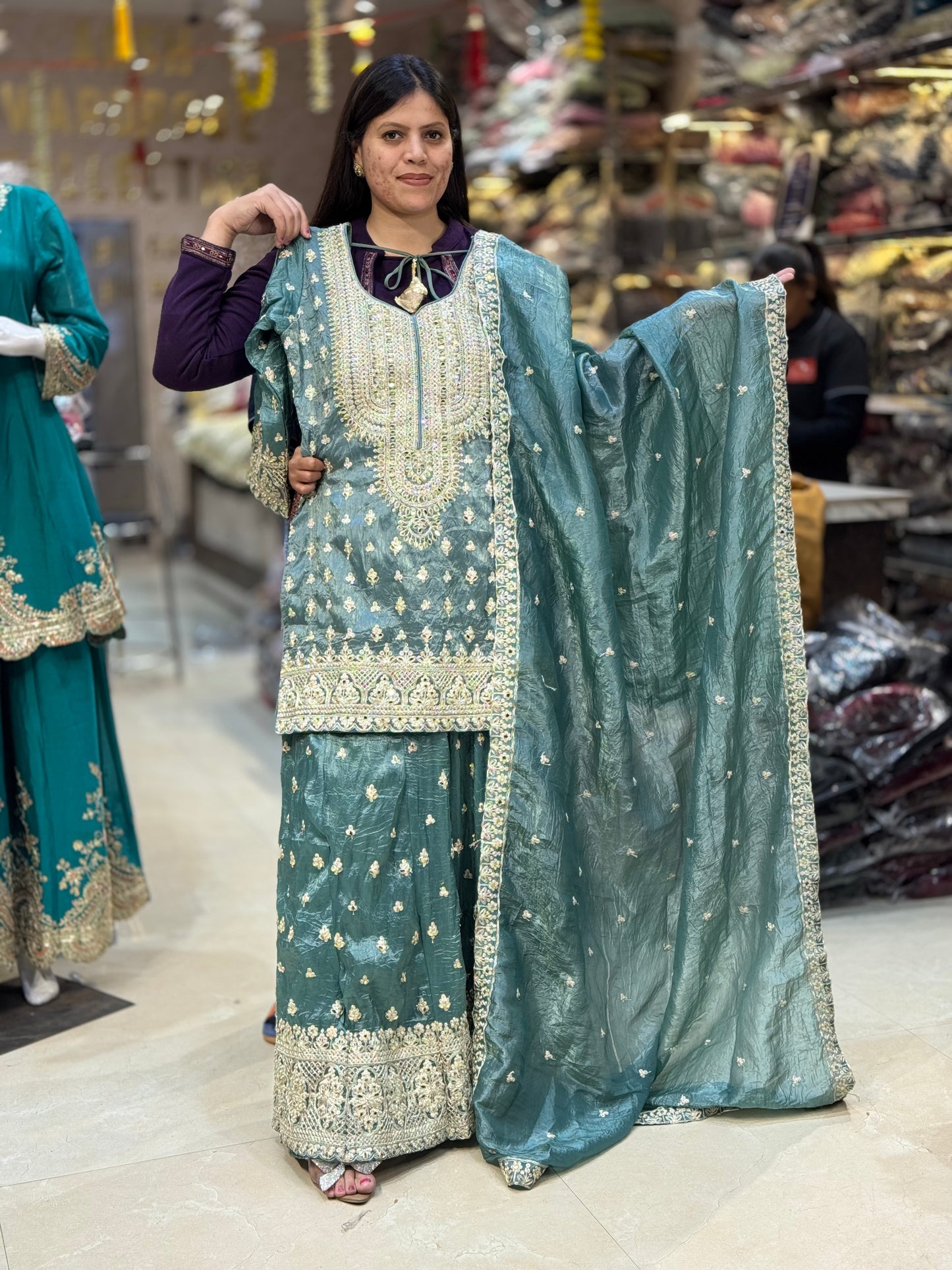 BEAUTIFUL GLASS TISSUE SHIRT WITH FULL FLAIR LEHNGA