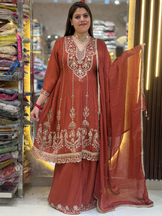 RUST FULL WORK SHORT LENGTH ANARKALI