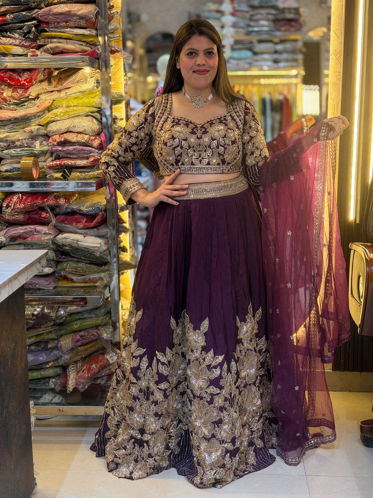 PURPLE GOLDEN SIPI WORK FULL FLAIR LEHENGA
