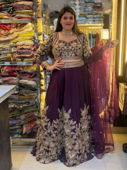 PURPLE GOLDEN SIPI WORK FULL FLAIR LEHENGA