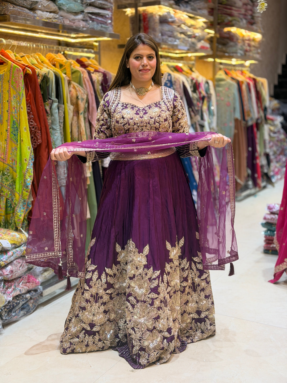 PURPLE GOLDEN SIPI WORK FULL FLAIR LEHENGA