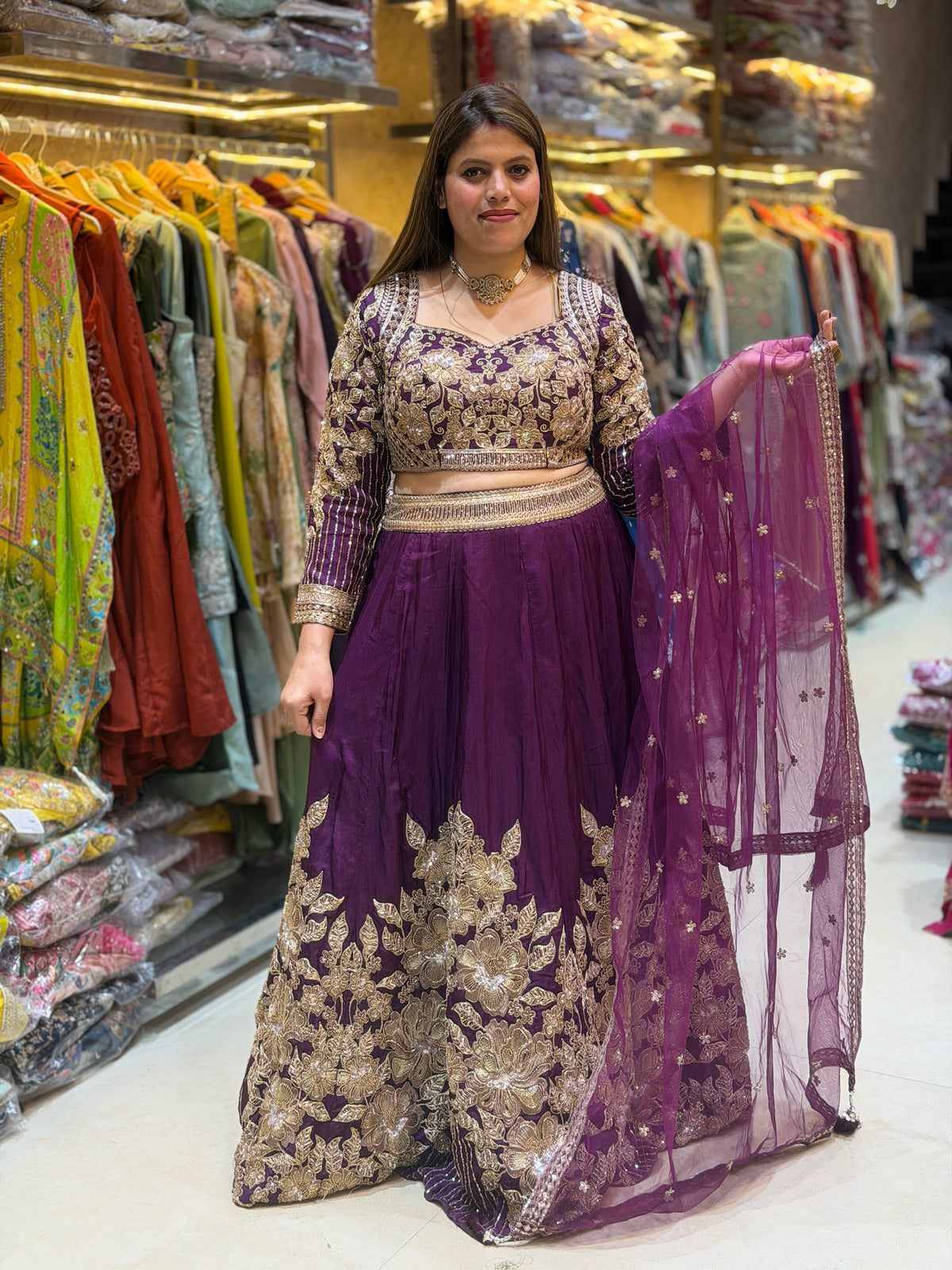 PURPLE GOLDEN SIPI WORK FULL FLAIR LEHENGA