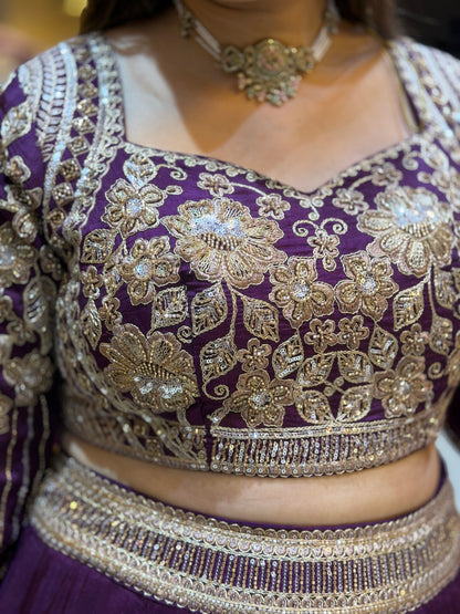 PURPLE GOLDEN SIPI WORK FULL FLAIR LEHENGA