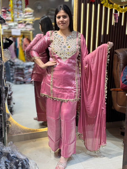 BEAUTIFUL A-LINE ORIGNAL MIRROR WORK GLASS TISSUE SUIT