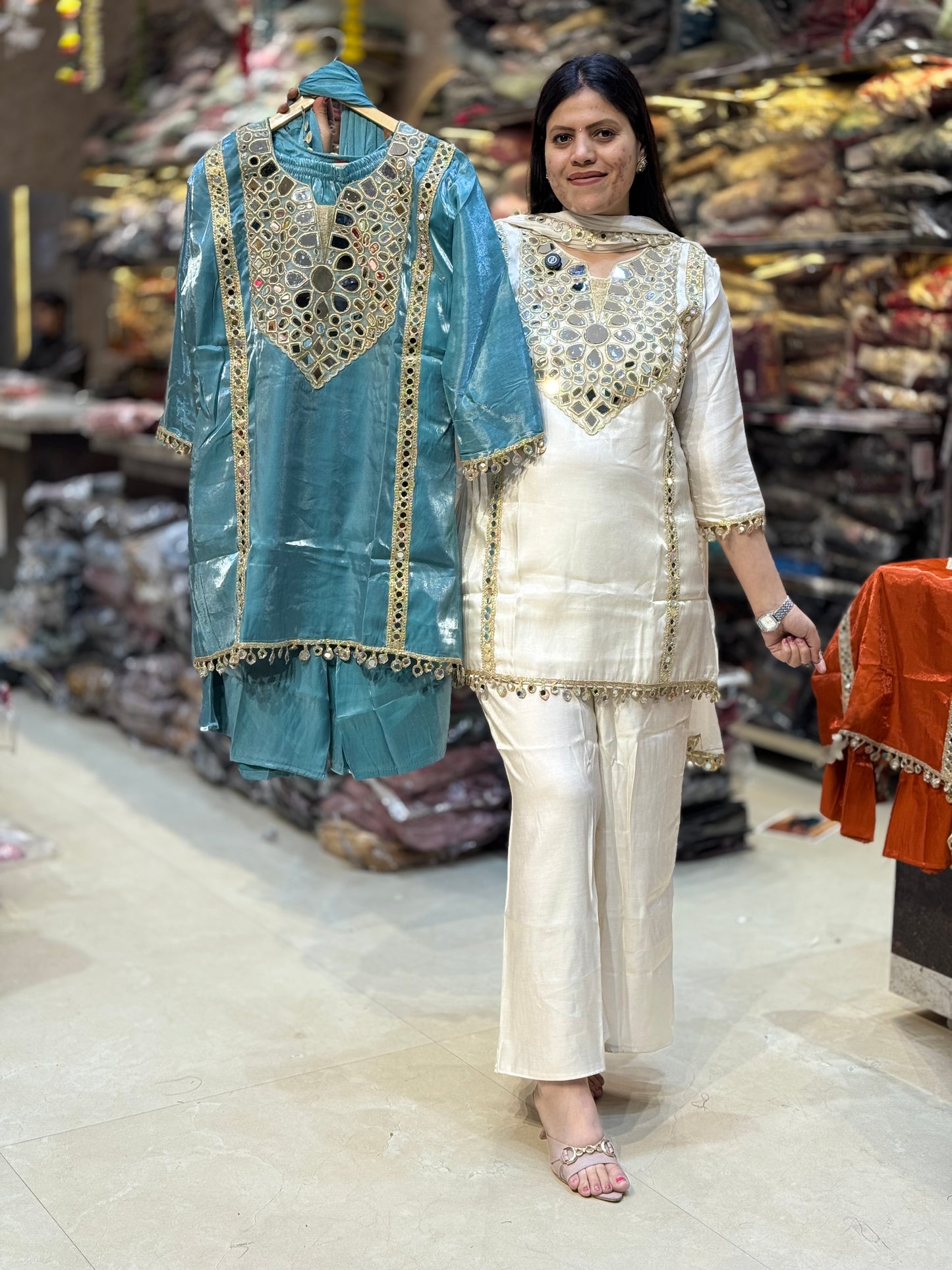 BEAUTIFUL A-LINE ORIGNAL MIRROR WORK GLASS TISSUE SUIT