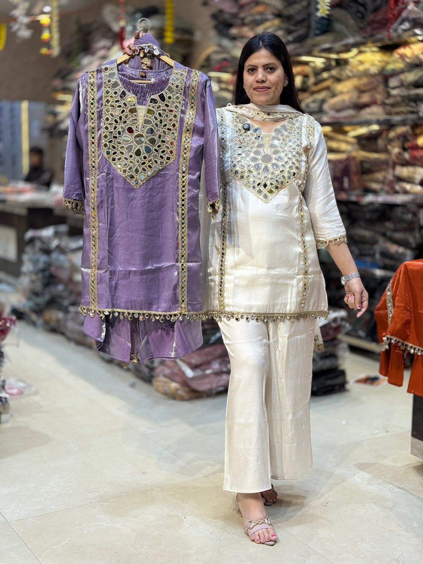 BEAUTIFUL A-LINE ORIGNAL MIRROR WORK GLASS TISSUE SUIT