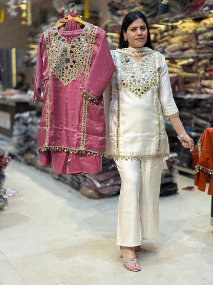 BEAUTIFUL A-LINE ORIGNAL MIRROR WORK GLASS TISSUE SUIT