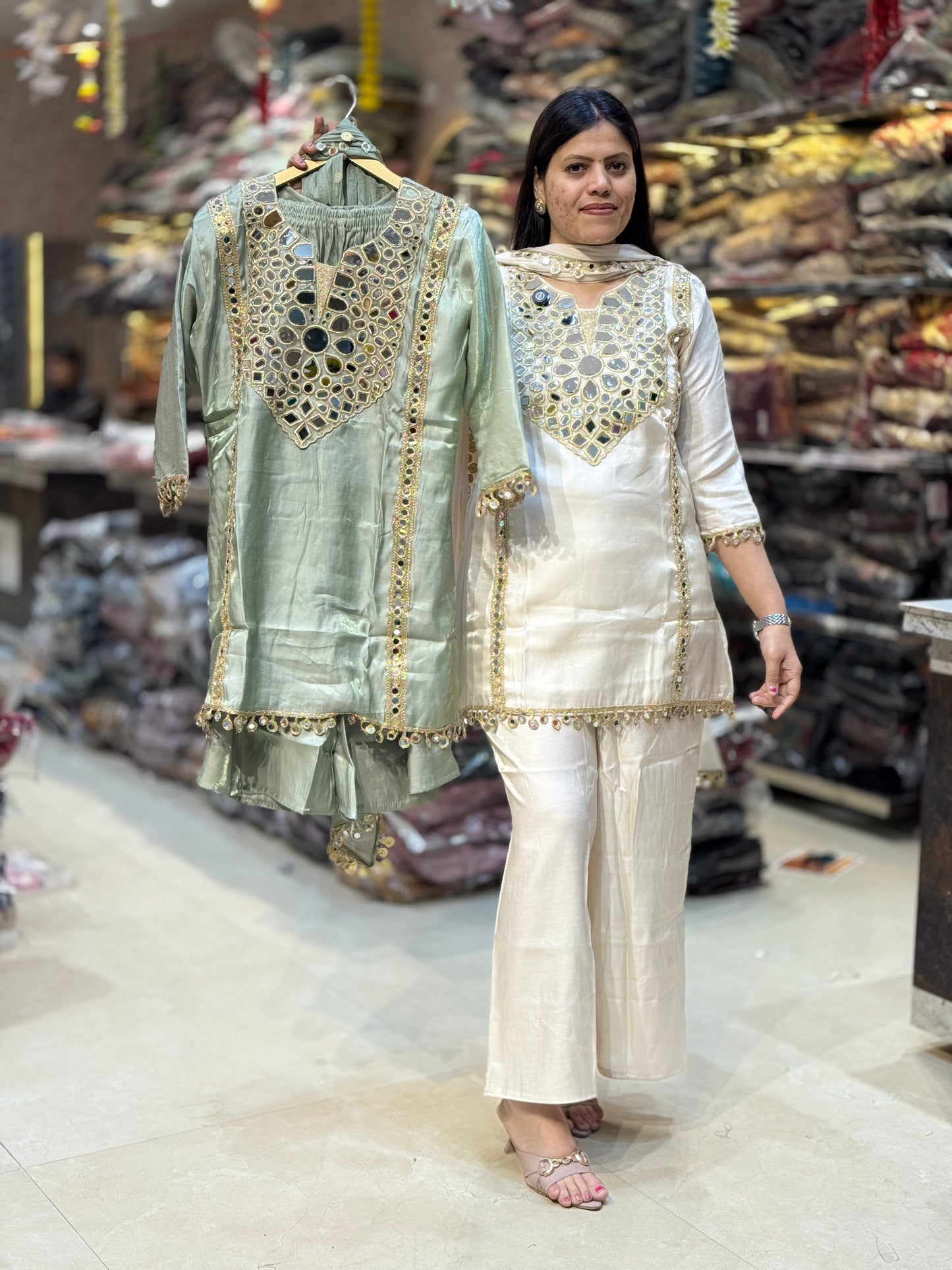 BEAUTIFUL A-LINE ORIGNAL MIRROR WORK GLASS TISSUE SUIT