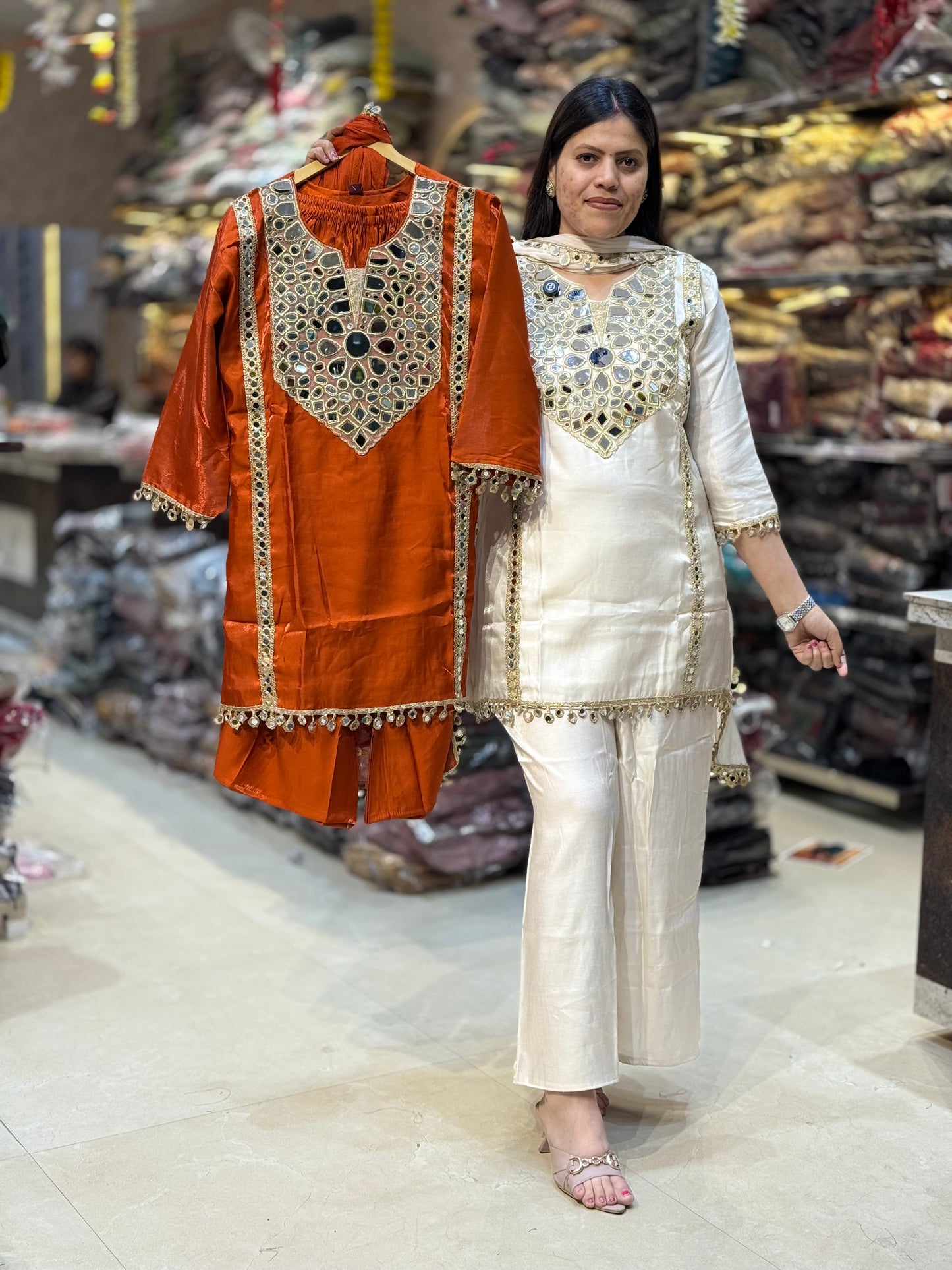 BEAUTIFUL A-LINE ORIGNAL MIRROR WORK GLASS TISSUE SUIT