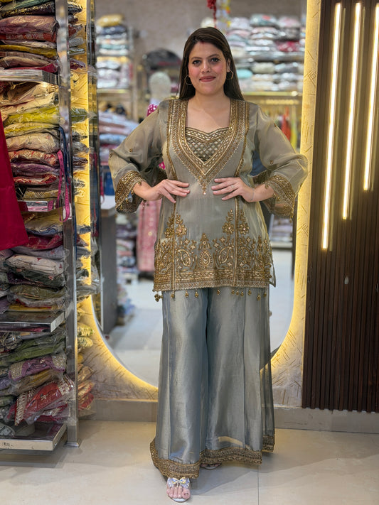 GREY WITH GOLDEN HANDWORK BUSTIER DESIGNER 3PC CORDSET