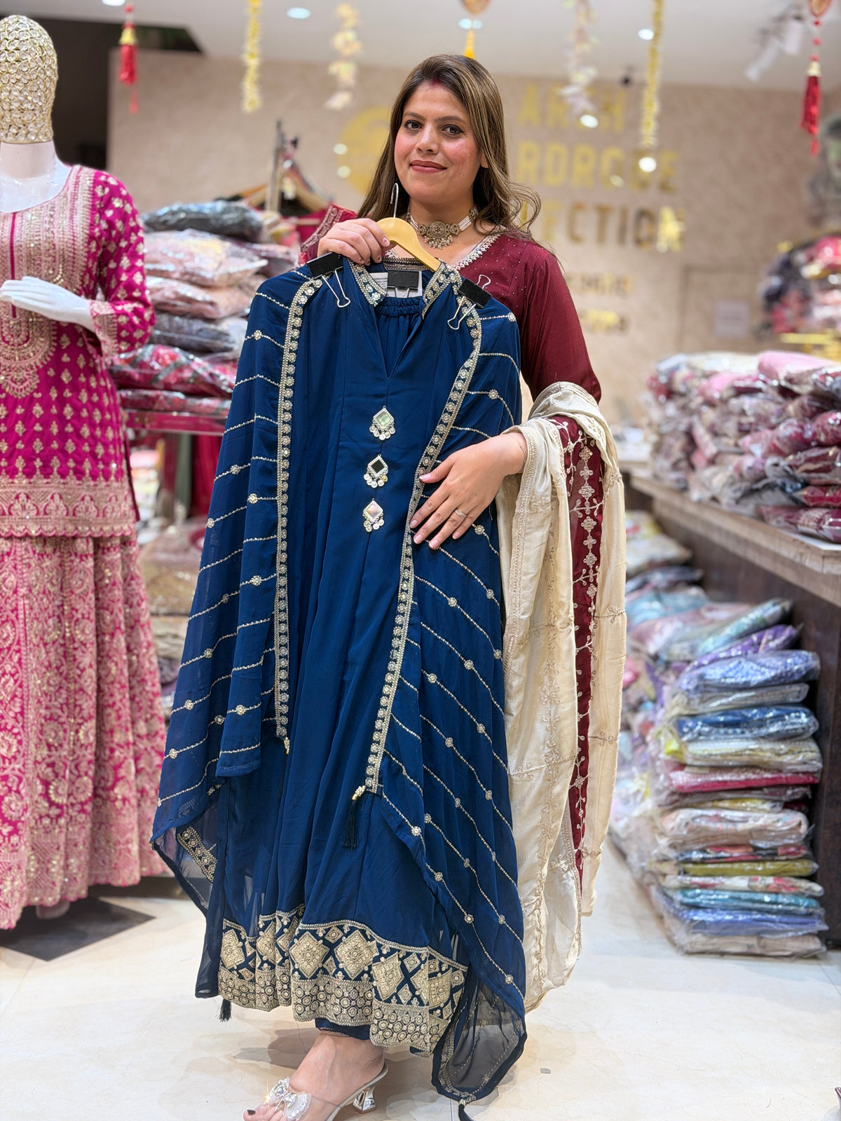 Georgett Mirror Work Anarkali Suit With Heavy Dupatta