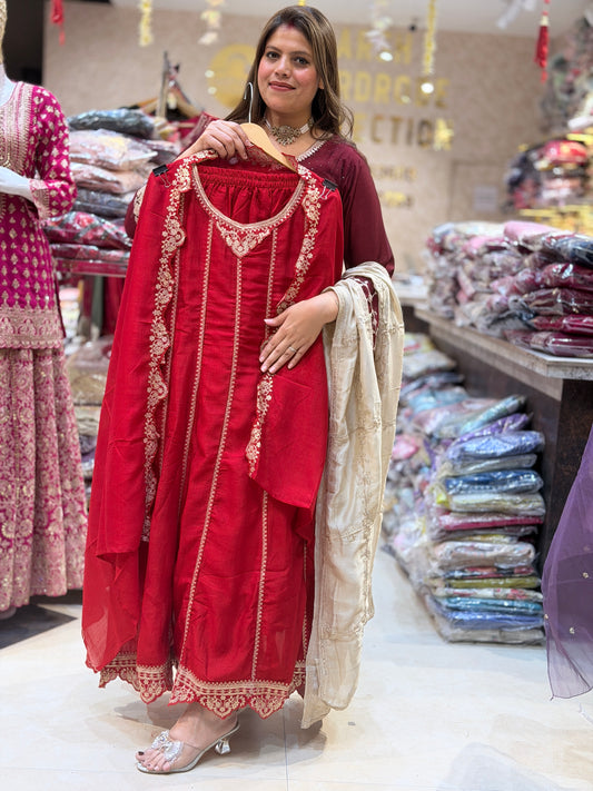 RED PURE CHINON FULL FLAIR ANARKALI