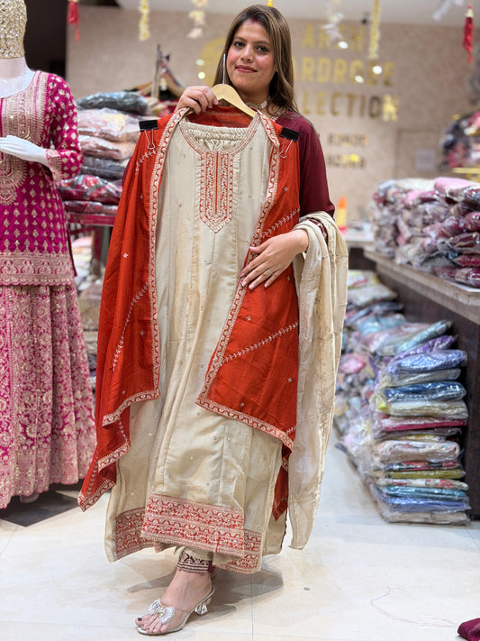 ORANGE CHINON ANARKALI WITH ELEGENT HNAD WORK