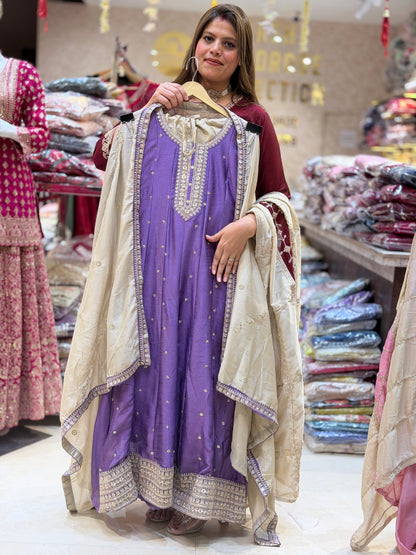LAVNDER WITH IVORY CONTRAST ANARKALI WITH DESIGNER WORK DUPPATA