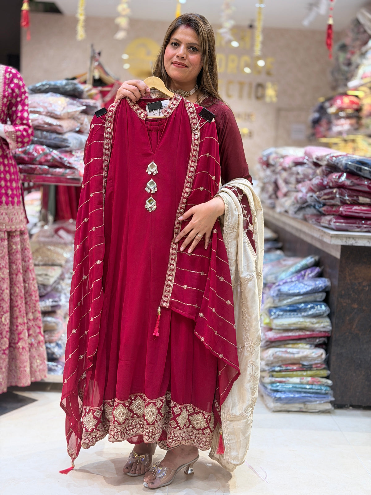Georgett Mirror Work Anarkali Suit With Heavy Dupatta