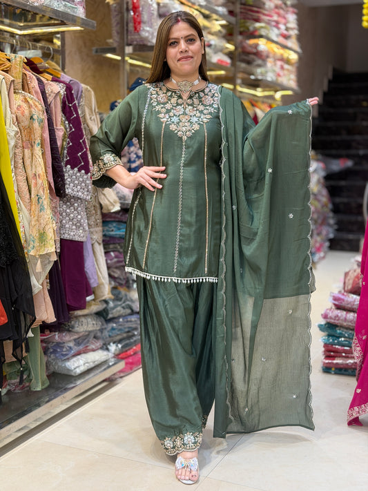BEAUTIFUL PEMPLUM DESIGN HANDWORK FARSHI SALWAR SUIT