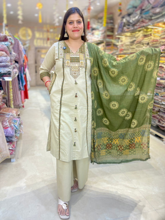 PURE DABU COTTON THREAD WORK POKET DESIGN A-LINE SUIT
