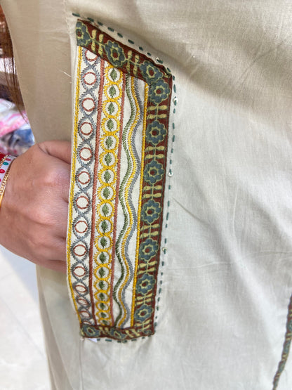 PURE DABU COTTON THREAD WORK POKET DESIGN A-LINE SUIT
