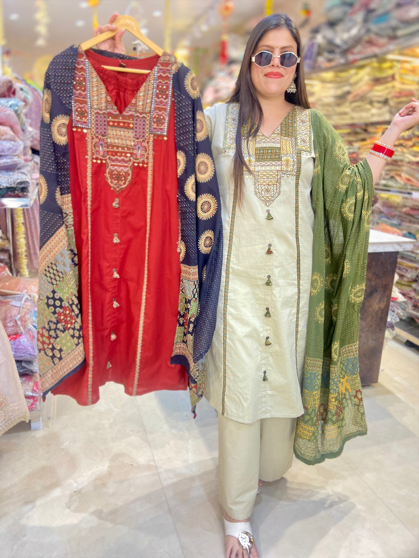 PURE DABU COTTON THREAD WORK POKET DESIGN A-LINE SUIT