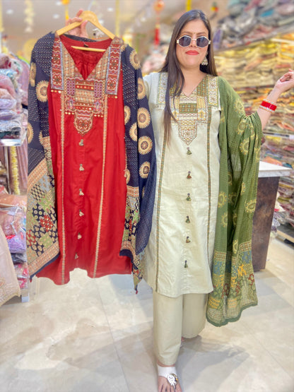 PURE DABU COTTON THREAD WORK POKET DESIGN A-LINE SUIT