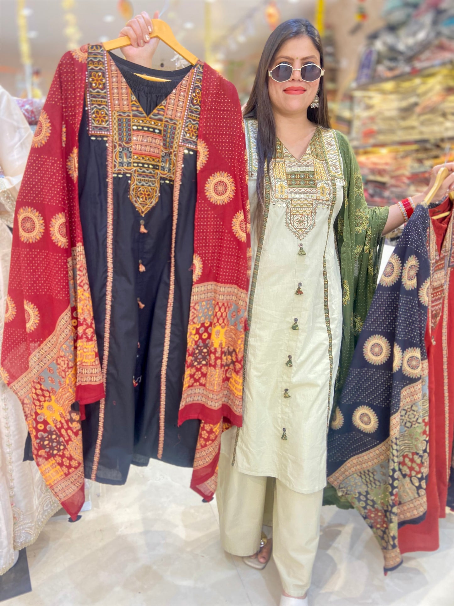 PURE DABU COTTON THREAD WORK POKET DESIGN A-LINE SUIT