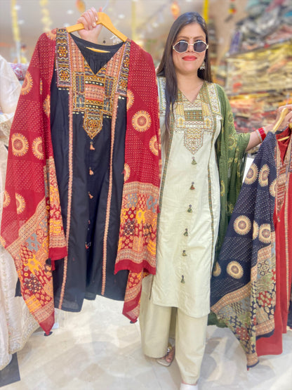 PURE DABU COTTON THREAD WORK POKET DESIGN A-LINE SUIT