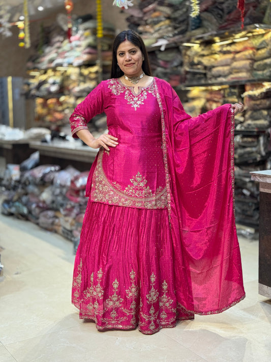 HOT PURE CHINON GOLDEN TILLA WORK HEAVT DUPPTA WITH LEHNGA SUIT