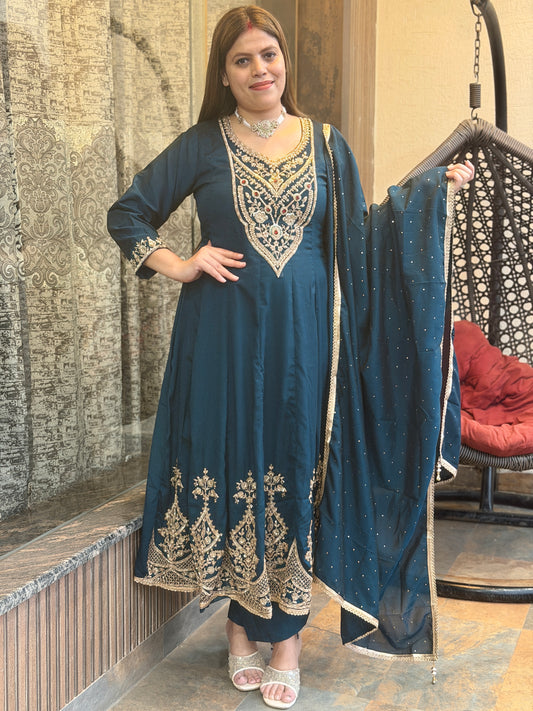 ROYAL BLUE NECK DESIGN HANDWORK FUL KALI ANARKALI