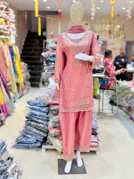 PEACH FUL SIPPI AND TIILA WORK FARSHI SALWAR