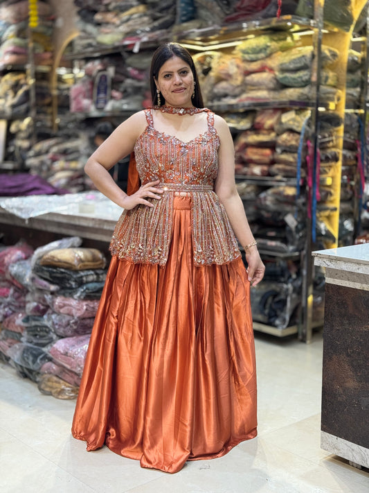 RUST PREMIUM SILK DESIGNER LEHNGA CHOILI WITH NECKLACE DUPATTA