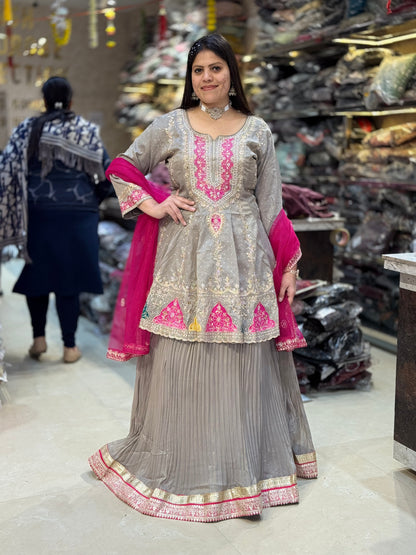 GREY BEAUTIFUL PAMPLUM DESIGN LEHENGA