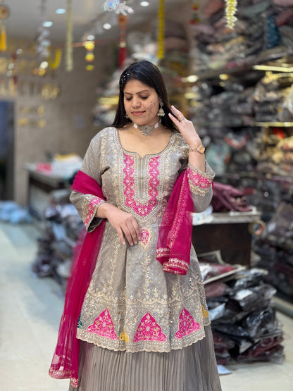 GREY BEAUTIFUL PAMPLUM DESIGN LEHENGA