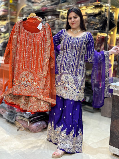 PURE CHINON FULL TILLA AND SIPI WORK SHORT SHIRT WITH FULL FLAIR JAFFA