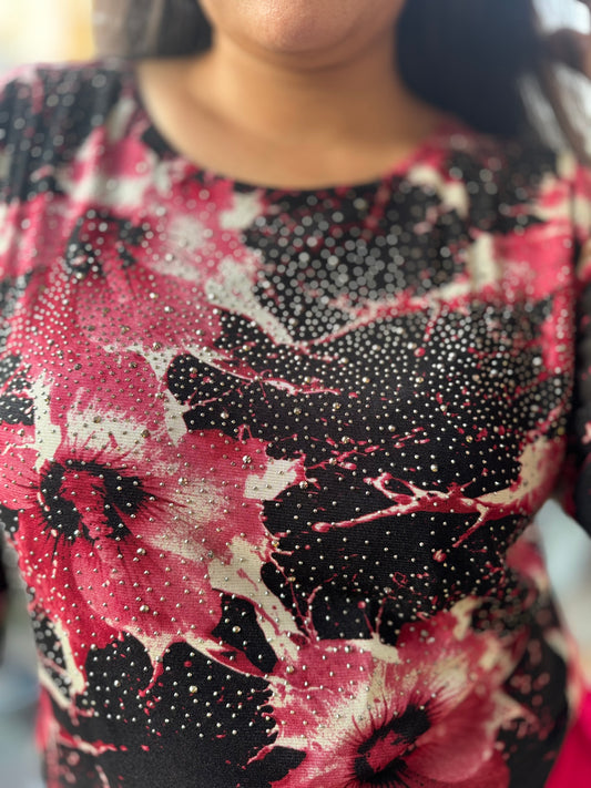 Pink Flower Print Sirvoski Top