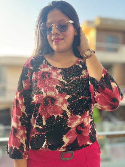 Pink Flower Print Sirvoski Top