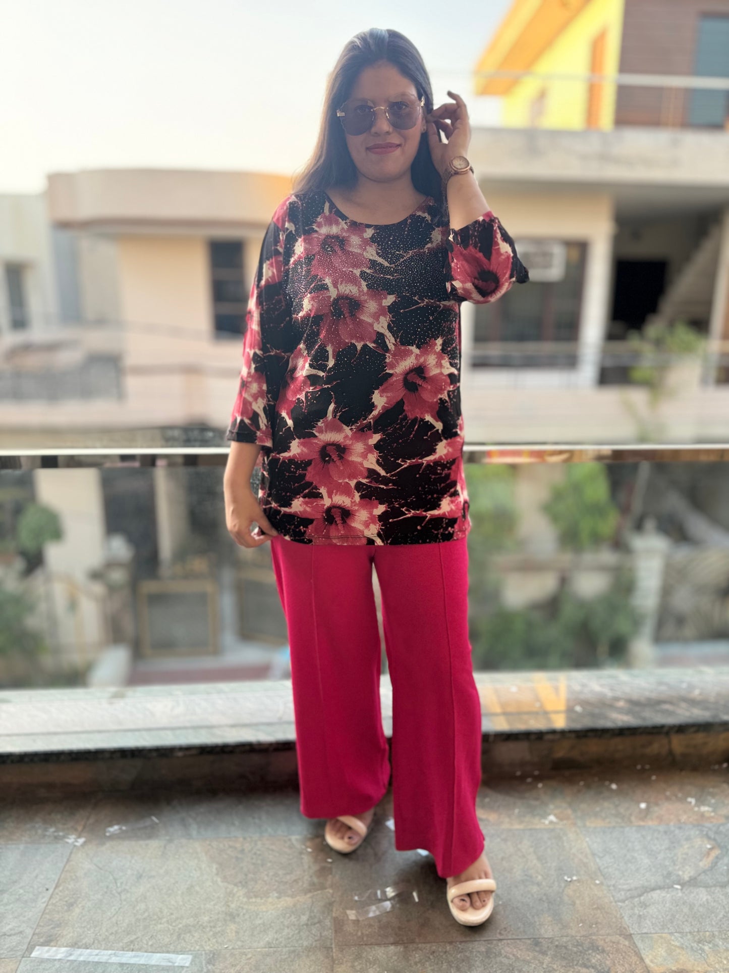 Pink Flower Print Sirvoski Top