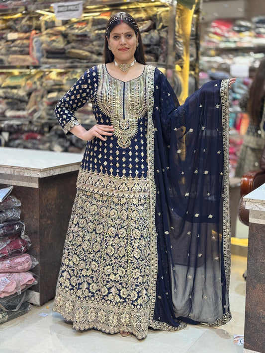BLUE PURE GEORGET ORIGNAL MIRROR WORK FULL FLAIR LEHENGA