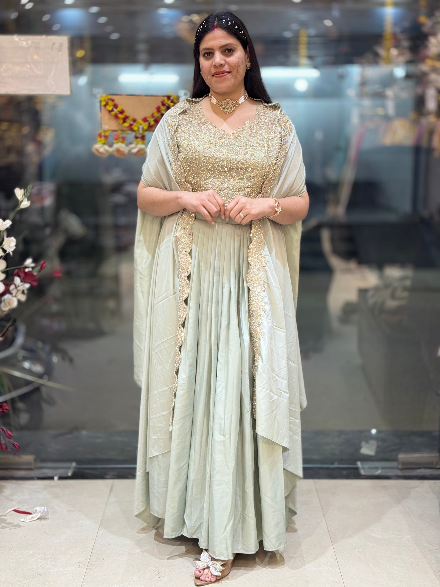 PREMIUM SILK SHORT TOP WITH BEAUTIFUL SHRUG DESIGNER SKIRT DRES